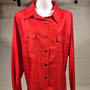 Chico's Fire Engine Red Raw Silk Shirt, Chico's Size 3